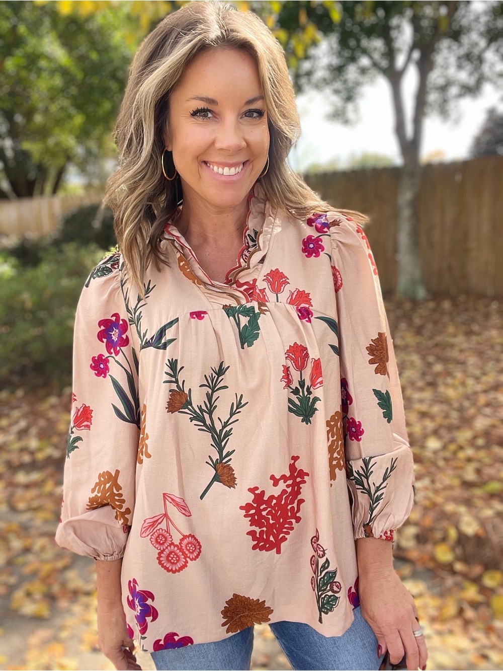 Umgee Floral Ruffle Neck Blouse